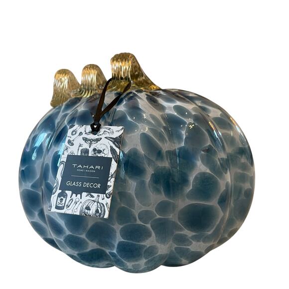TAHARI Hand Blown Art Glass Pumpkin Blue Spotted Amber Stem Chic Fall Decor NEW - Picture 11 of 16